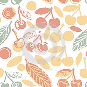 Cute summer childish seamless pattern of cherries. Vector outline doodle cartoon hand drawn design of red yellow green berries