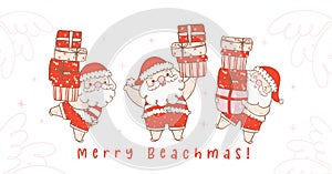 Cute summer christmas santa claus with gifts collection. Kawaii Summer Christmas Holiday Cartoon doodle hand drawing banner