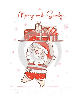 Cute summer christmas santa claus with gifts on surfboard. Kawaii Summer Christmas Holiday Cartoon doodle