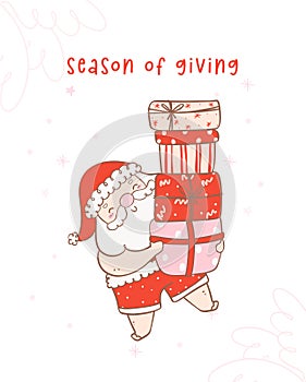 Cute summer christmas santa claus holding gifts wit heart warming smile. Kawaii Summer Christmas Holiday Cartoon doodl. season of