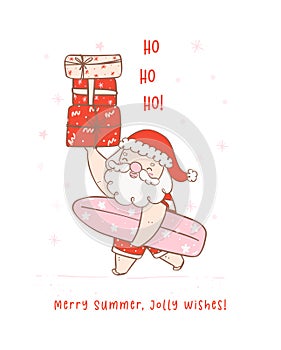 Cute summer christmas santa claus with surfboard and gifts. Kawaii Summer Christmas Holiday Cartoon doodle