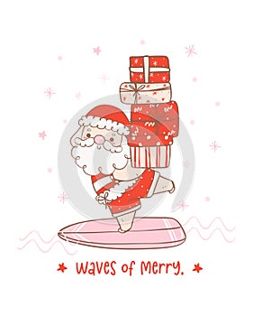 Cute summer christmas santa claus surfing with gifts. Kawaii Summer Christmas Holiday Cartoon doodle