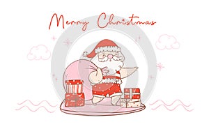 Cute summer christmas santa claus surfing with gifts. Kawaii Summer Christmas Holiday Cartoon doodle hand drawing