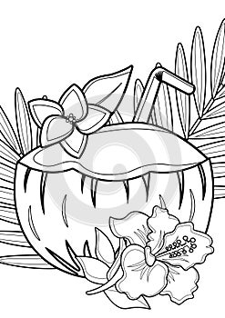 Cute Summer Coconut Drink Coloring Pages A4 for Kids and Adult