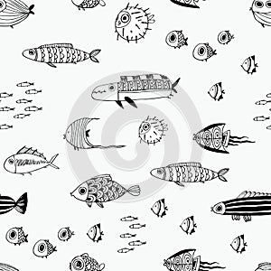 Cute summer fishes. Seamless pattern.