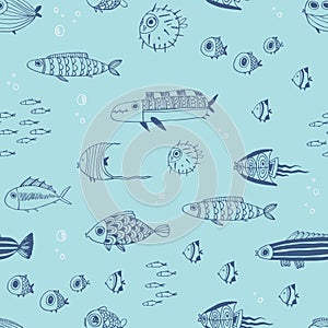 Cute summer fishes. Seamless pattern.