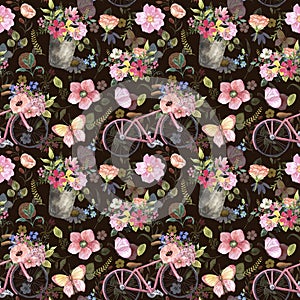 Cute summer floral seamless pattern. Watercolor flowers, leaves, pink bicycle, butterflies on black background. Shabby chic