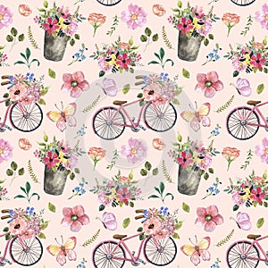 Cute summer floral seamless pattern. Watercolor flowers, leaves, pink bicycle, butterflies on pink background. Shabby chic style