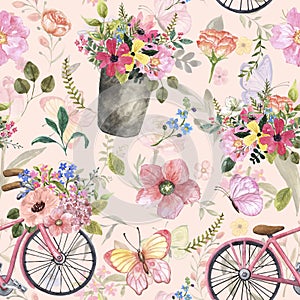 Cute summer floral seamless pattern. Watercolor flowers, leaves, pink bicycle, butterflies on white background. Shabby chic