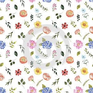 Cute summer floral seamless pattern. Watercolor wildflowers, leaves, butterflies on white background. Shabby chic country style