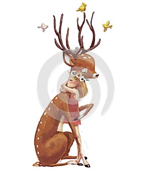 Cute summer girl with deer