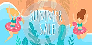 Cute summer horizontal banner vector illustration of a great girl at the sea. Happy girls in beckini jump for joy in inflated