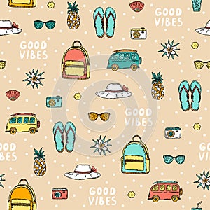 Cute summer pattern with beach elements - straw hat, flip flops, backpack, sunglasses, camera