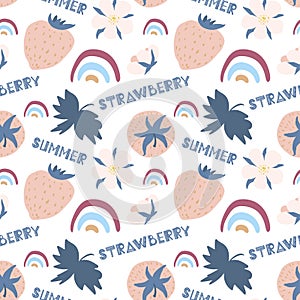 Cute summer pattern.Strawberries, scandinavian rainbows, hand drawn lettering. Illustration in the scandinavian style