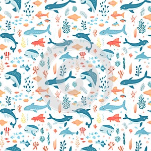 Cute summer print with baby fish, shark, dolphin, swimming underwater with coral reef. Seamless pattern Generative AI