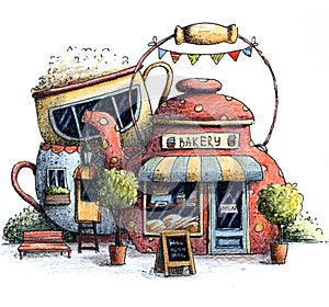 Cute summer and spring bakery shop with trees, cakes, cup and kettle.