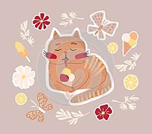 Cute summer sticker, cat eats ice cream.