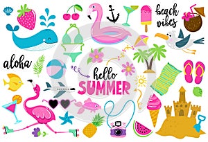 Cute summer sticker collection with flamingo, tropical flowers and other elements.