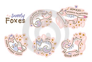 Cute summer stickers of cartoon cats or foxes. Vector patches or pins collection.