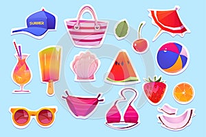 Cute summer stickers for girls, cartoon vector set