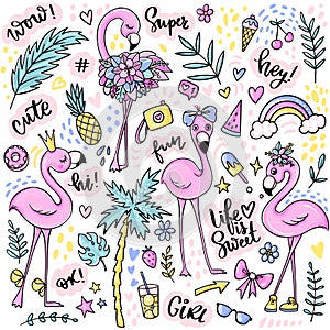 Cute summer stickers set with flamingos, ice cream, watermelon, pineapple, rainbow, lemonade, tropical leaves.