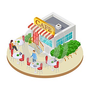 Cute summer street small cafe with outside tables isometric vector illustration