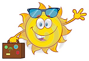 Cute Summer Sun Cartoon Mascot Character With Sunglasses Carrying Suitcase And Waving.