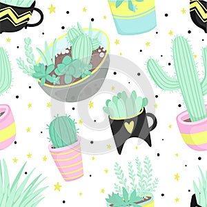 Cute summer theme seamless pattern with cacti