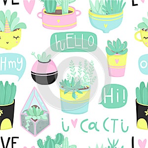 Cute summer theme seamless pattern with cacti