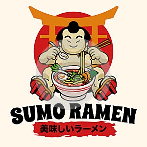 Cute Sumo Mascot Character Eating Ramen Noodle Japanese word means delicious ramen