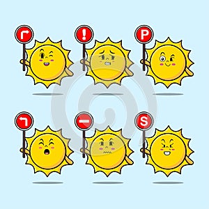 Cute sun cartoon character holding traffic sign