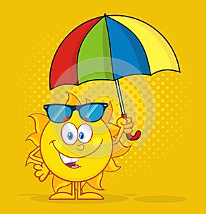Cute Sun Cartoon Mascot Character Holding A Umbrella