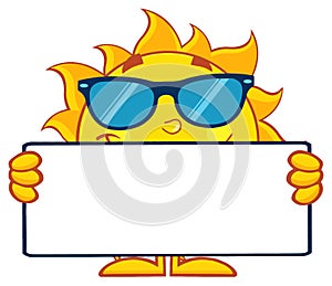Cute Sun Cartoon Mascot Character With Sunglasses Holding A Blank Sign