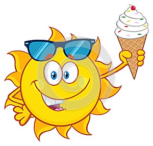 Cute Sun Cartoon Mascot Character With Sunglasses Holding A Ice Cream.