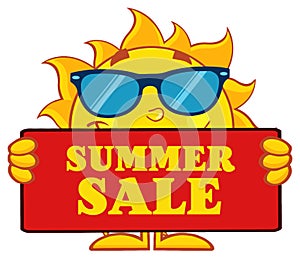 Cute Sun Cartoon Mascot Character With Sunglasses Holding A Sign With Text Summer Sale.