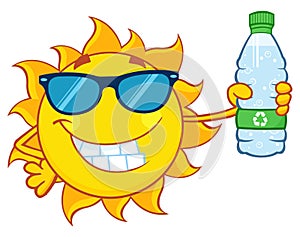 Cute Sun Cartoon Mascot Character With Sunglasses Holding A Water Bottle With Recycle Sign.