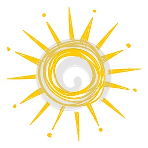 Cute sun in childish sketch style. Summer heat symbol
