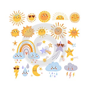 Cute sun, cloud, star, rainbow characters with funny smiling faces. Vector clipart set