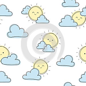 Cute sun with clouds background, cute seamless pattern, cartoon illustration,  background for kids, wallpapper, pattern.