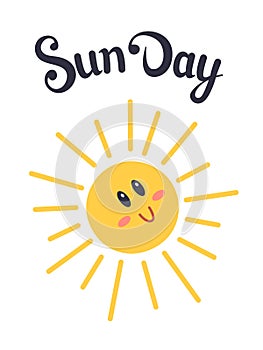 Cute sun in doodle style. Sun day lettering. Isolated on white background