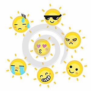 Cute sun emotion face doodle cartoon vector illustration set