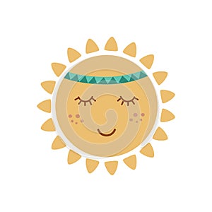 Cute sun with face in tribal boho styel. Graphic element for kids design. Smiling sun. Summer vector concept.