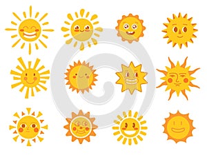 Cute sun faces. Good morning, sunshine yellow icons. Joy comic suns, funny smiling summer elements. Isolated modern