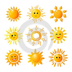 Cute sun. Hand drawn sunshine. Summer morning sunrise. Doodle vector warming joy icons