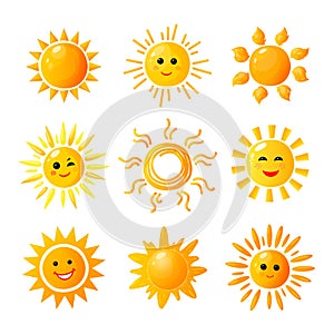 Cute sun. Hand drawn sunshine. Summer morning sunrise. Doodle vector warming joy icons photo