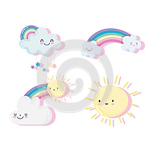 Cute sun and happy clouds and rainbows cartoon decoration
