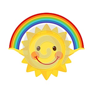 Cute sun icon holds a rainbow in flat style isolated on white background