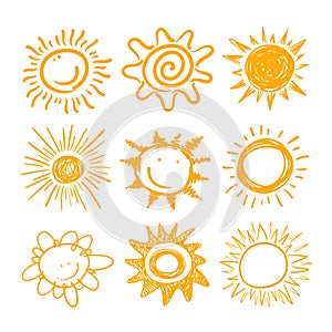 Cute Sun Icons Set. Yellow Childish Doodle Emoticons Collection. Smiling Sun with Sunbeams