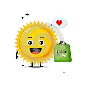 Cute sun mascot carries a black Friday shopping bag