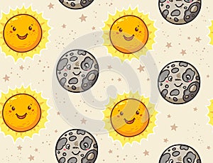 Cute sun and moon character seamless pattern